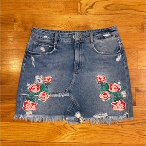 Zara Distressed Denim Skirt with Floral Embroidery